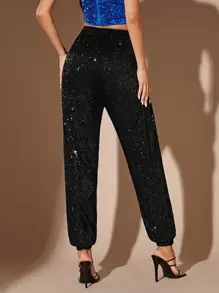 SHEIN BAE High Waist Sequin Jogger Trousers - Black - View 2