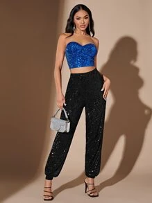 SHEIN BAE High Waist Sequin Jogger Trousers - Black - View 4