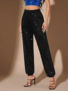 SHEIN BAE High Waist Sequin Jogger Trousers - Black - View 5