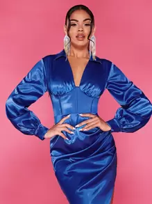 SHEIN BAE 深V領不對稱下擺連衣裙 - 藍色 - 查看 5