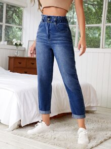 SHEIN Essnce 紙袋腰斜口袋錐形牛仔褲 - 中等水洗藍 - 查看 3