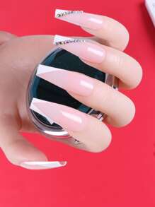 ROMWE 24 piezas Uña postiza largo ataúd con diseño de diamante de imitación & 1 hoja cinta - Blanco - Ver 4