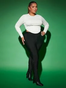 SHEIN SXY Plus High Waist Ruched Split Hem Trousers - Black - View 3