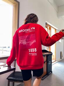 SHEIN Unity 标语和手绘印花保暖内衬套头卫衣，秋季款 - 紅色 - 查看 1