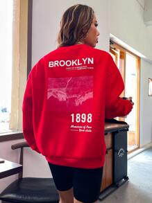 SHEIN Unity 标语和手绘印花保暖内衬套头卫衣，秋季款 - 紅色 - 查看 4