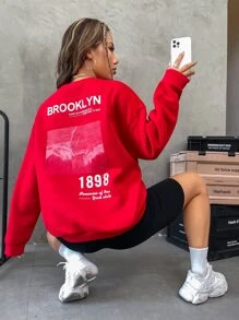 SHEIN Unity 标语和手绘印花保暖内衬套头卫衣，秋季款 - 紅色 - 查看 5