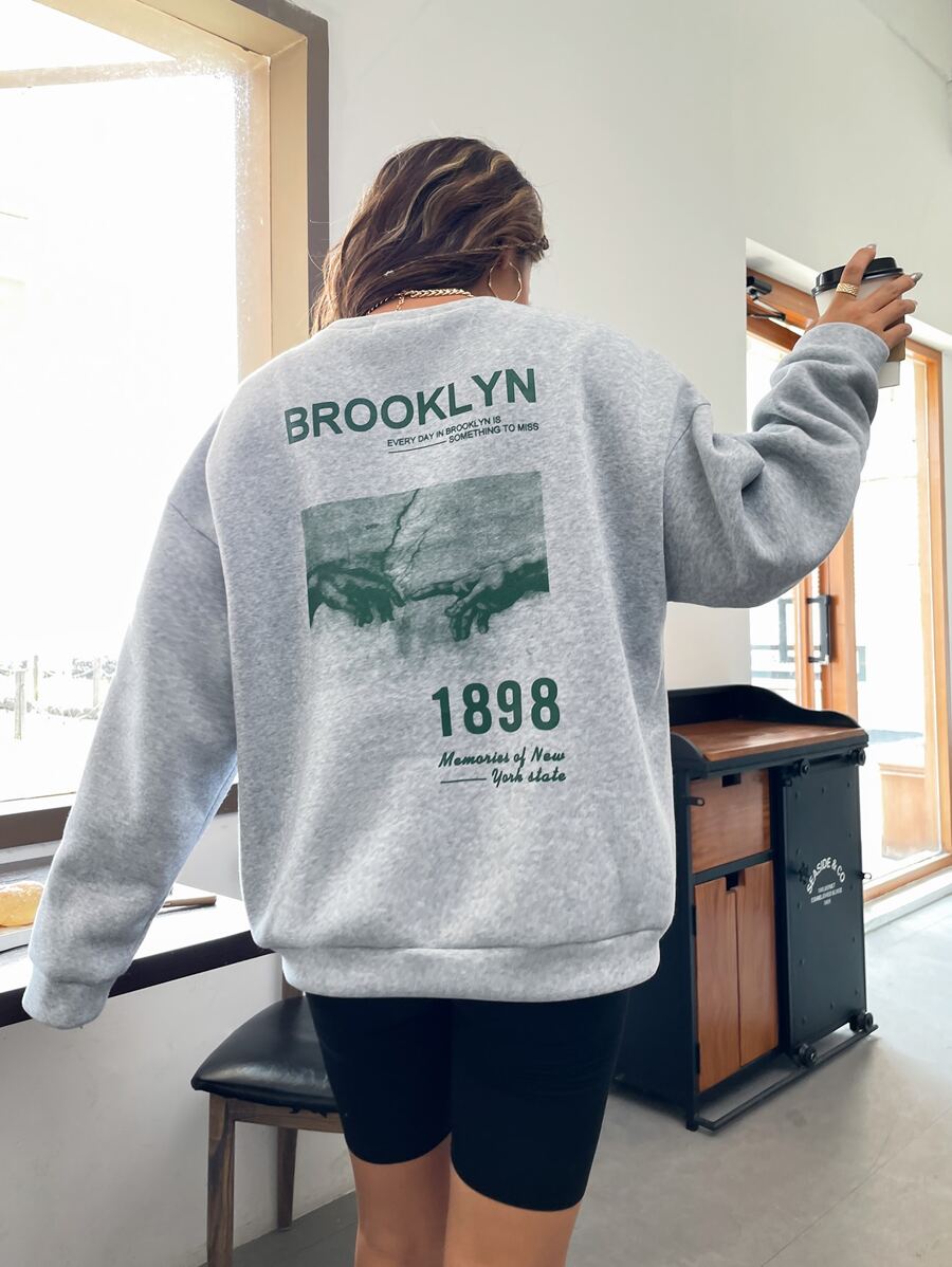 SHEIN Unity Slogan & Hand Print Thermal Lined Sweatshirt - Light Grey - View 1