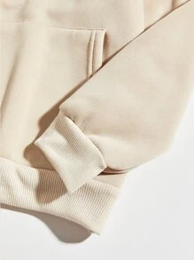 SHEIN EZwear 标语和表情印花袋鼠口袋抽绳保暖连帽衫没那么严重 - 杏色 - 查看 5
