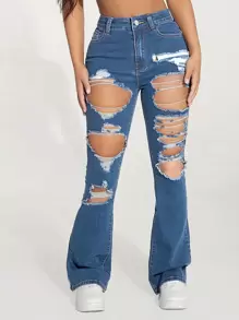 SHEIN PETITE High Waist Ripped Flare Leg Jeans - Medium Wash - View 1
