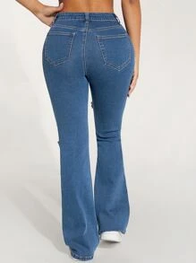 SHEIN PETITE High Waist Ripped Flare Leg Jeans - Medium Wash - View 2