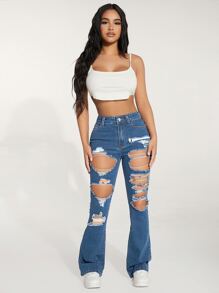 SHEIN PETITE High Waist Ripped Flare Leg Jeans - Medium Wash - View 3