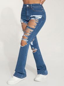 SHEIN PETITE High Waist Ripped Flare Leg Jeans - Medium Wash - View 5