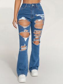 SHEIN PETITE High Waist Ripped Flare Leg Jeans - Medium Wash - View 6