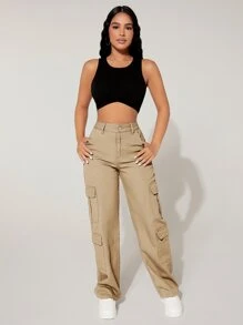 SHEIN PETITE 翻蓋口袋工裝牛仔褲 - 卡其色 - 查看 3