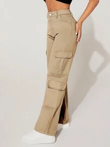 SHEIN PETITE 翻蓋口袋工裝牛仔褲 - 卡其色 - 查看 5