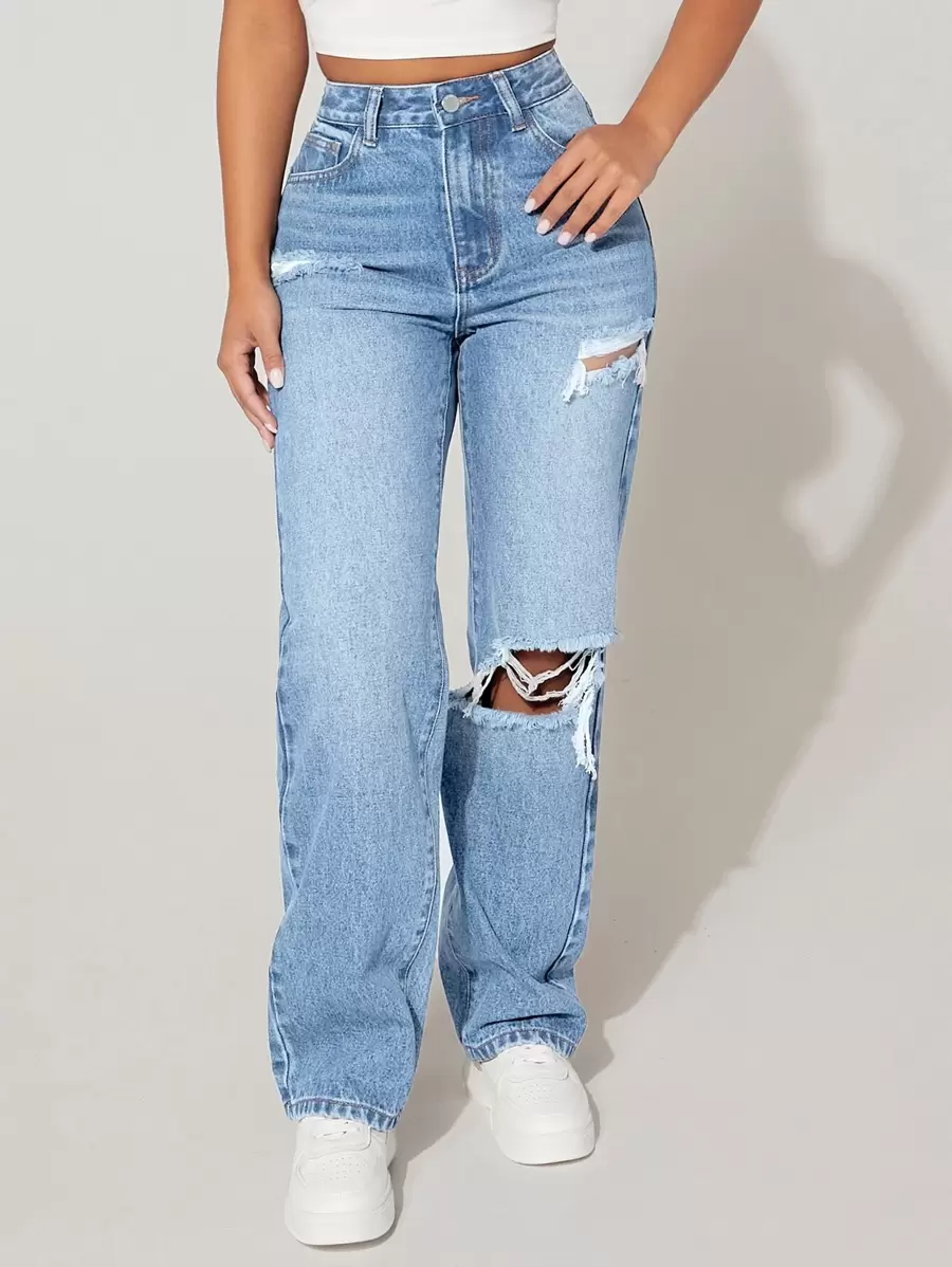 SHEIN PETITE High Waist Cut Out Ripped Frayed Straight Leg Jeans - Light Wash - View 1