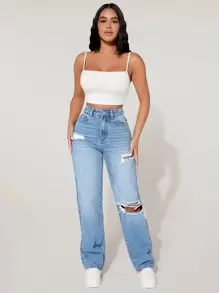 SHEIN PETITE High Waist Cut Out Ripped Frayed Straight Leg Jeans - Light Wash - View 3