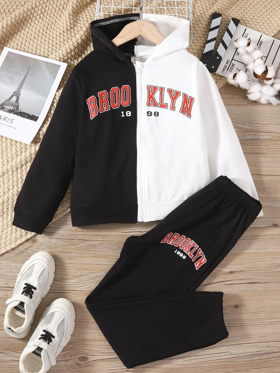 Girls Letter Graphic Colourblock Hoodie & Joggers - Black and White - View 1