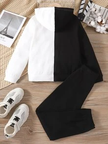 Girls Letter Graphic Colourblock Hoodie & Joggers - Black and White - View 2