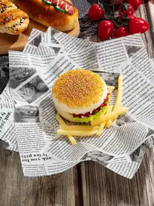 20 piezas de papel de pergamino con diseño de periódico de 25 cm, papel de hornear resistente al aceite impreso creativo para envasar hamburguesas, sándwiches, forros de freidora para cocina - Blanco y Negro - Ver 1