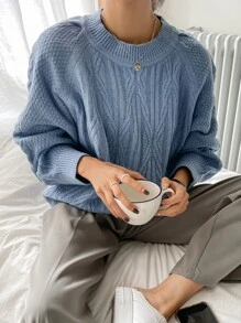 DAZY Cable Knit Raglan Sleeve Jumper - Dusty Blue - View 2