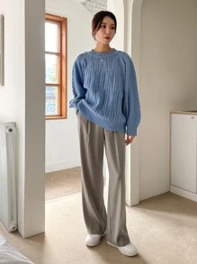 DAZY Cable Knit Raglan Sleeve Jumper - Dusty Blue - View 5