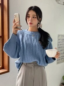 DAZY Cable Knit Raglan Sleeve Jumper - Dusty Blue - View 1