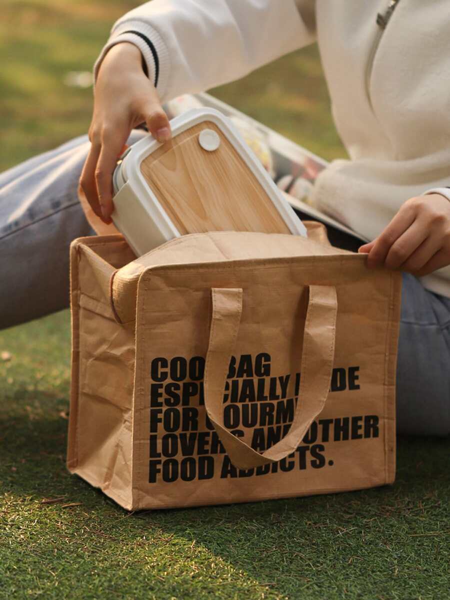 1pc Slogan Graphic Lunch Bag - Brown - View 1