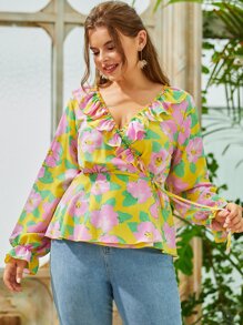 Plus Allover Floral Print Ruffle Trim Tie Side Peplum Blouse - Multicolor - View 1