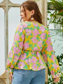 Plus Allover Floral Print Ruffle Trim Tie Side Peplum Blouse - Multicolor - View 2
