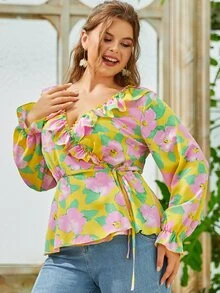 Plus Allover Floral Print Ruffle Trim Tie Side Peplum Blouse - Multicolor - View 3
