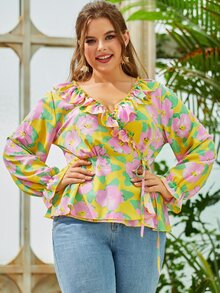 Plus Allover Floral Print Ruffle Trim Tie Side Peplum Blouse - Multicolor - View 4