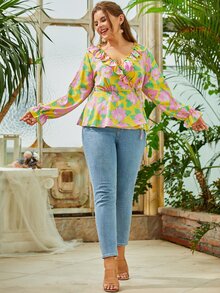 Plus Allover Floral Print Ruffle Trim Tie Side Peplum Blouse - Multicolor - View 5