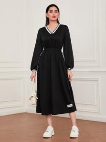 Seusyu Letter Tape Detail Lantern Sleeve Dress - Black - View 1