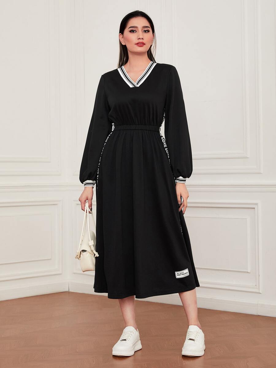 Seusyu Letter Tape Detail Lantern Sleeve Dress - Black - View 1
