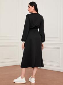 Seusyu Letter Tape Detail Lantern Sleeve Dress - Black - View 2