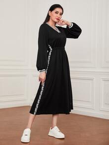 Seusyu Letter Tape Detail Lantern Sleeve Dress - Black - View 3