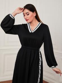 Seusyu Letter Tape Detail Lantern Sleeve Dress - Black - View 5