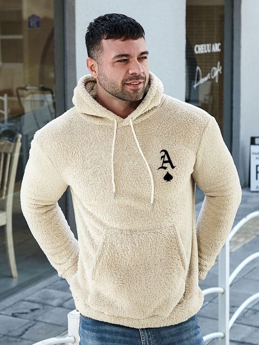 男士撲克牌刺繡袋鼠口袋抽繩毛絨帽衫 - 米色 - 查看 1