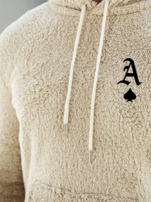 男士撲克牌刺繡袋鼠口袋抽繩毛絨帽衫 - 米色 - 查看 3