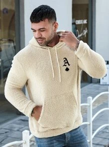 男士撲克牌刺繡袋鼠口袋抽繩毛絨帽衫 - 米色 - 查看 4