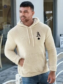 男士撲克牌刺繡袋鼠口袋抽繩毛絨帽衫 - 米色 - 查看 5