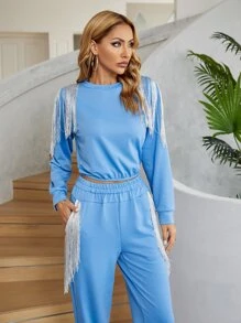 素色流蘇邊衛衣和衛褲休閒服套裝 - 藍色 - 查看 5