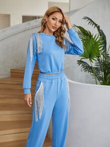 素色流蘇邊衛衣和衛褲休閒服套裝 - 藍色 - 查看 6