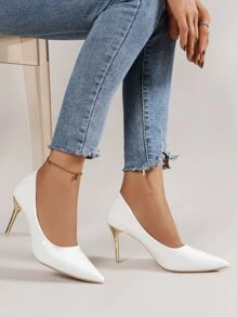 Minimalist Point Toe Stiletto Heeled Court Pumps - White - View 2