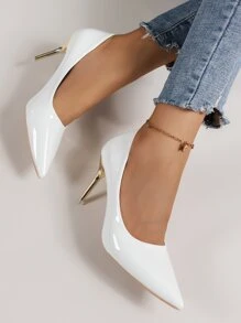Minimalist Point Toe Stiletto Heeled Court Pumps - White - View 6