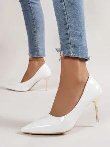 Minimalist Point Toe Stiletto Heeled Court Pumps - White - View 7