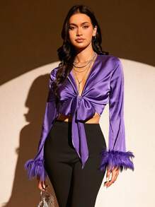 SHEIN BAE 毛茸茸袖口前打結短款緞面上衣 - 紫羅蘭色 - 查看 4