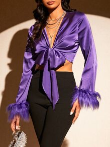 SHEIN BAE 毛茸茸袖口前打結短款緞面上衣 - 紫羅蘭色 - 查看 3