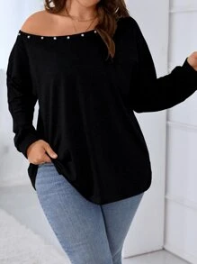 Calvaya Áo nỉ Plus Size cườm đính Ngọc trai màu trơn Giải trí - màu đen - Xem 4